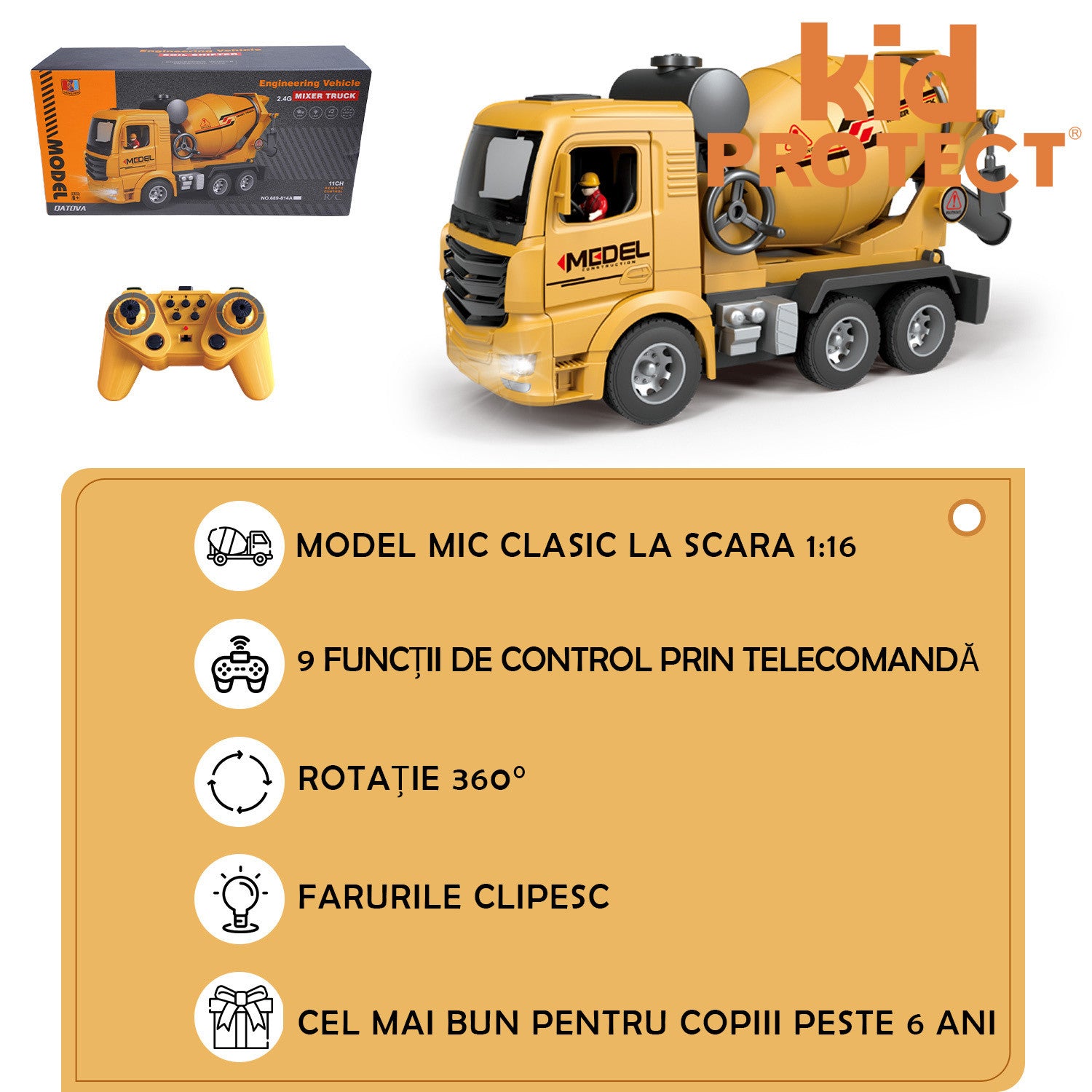 Betoniera Super Realista Cu Telecomanda Pentru Copii KidProtect ConcretePro RC Betoniera Super Realista Cu Telecomanda Pentru Copii KidProtect ConcretePro RC